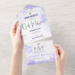 Bat Mitzvah Paarse Waterverf Zilver Schrift Modern All In One Uitnodiging