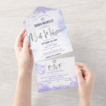 Bat Mitzvah Paarse Waterverf Zilveren Script Party All In One Uitnodiging<br><div class="desc">Wees trots, verheug je en laat deze mijlpaal van je favoriete Bat Mitzvah zien! Stuur deze prachtige, moderne, aangepaste all-in-one uitnodiging voor een evenement om te onthouden. Sparkly faux silver folie, glitter stippen en typografie script bedekken een lichte paarse waterverf achtergrond. Dit alles-in-één product is een unieke combinatie van een...</div>