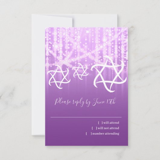 Bat Mitzvah Paarse Witte Sparkly Lights RSVP Kaartje (Voorkant)