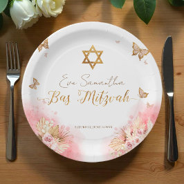 Bat Mitzvah Papier Borden | Roze blozende vlinders Papieren Bordje