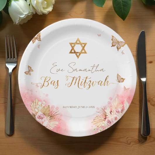 Bat Mitzvah Papier Borden | Roze blozende vlinders Papieren Bordje