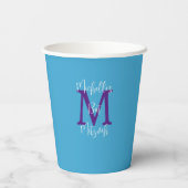 Bat Mitzvah Party Naam Paarse Monogram Sky Blue Papieren Bekers (Achterkant)