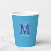 Bat Mitzvah Party Naam Paarse Monogram Sky Blue Papieren Bekers (Voorkant)