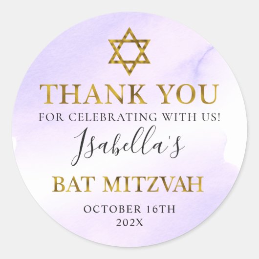 Bat Mitzvah Pastel Paarse Gold Bedankt Ronde Sticker (Voorkant)