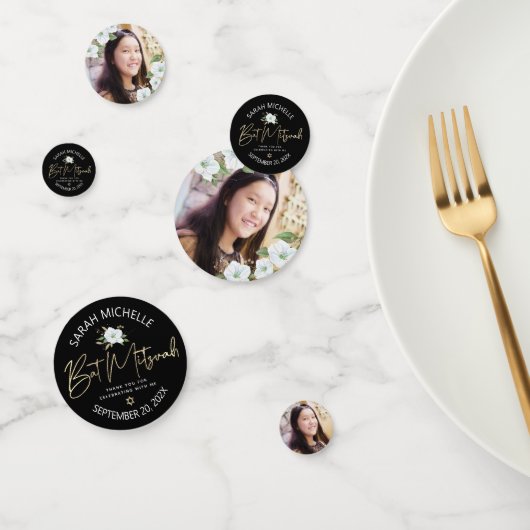 Bat Mitzvah Photo Black Gold Script Elegant Floral Confetti (Groep)