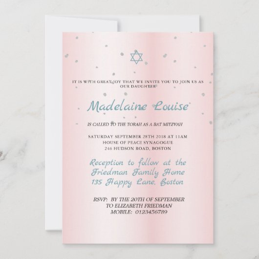 Bat Mitzvah Pink Blue Silver Kaart (Voorkant)
