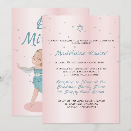 Bat Mitzvah Pink Blue Silver Kaart (Voorkant / Achterkant)