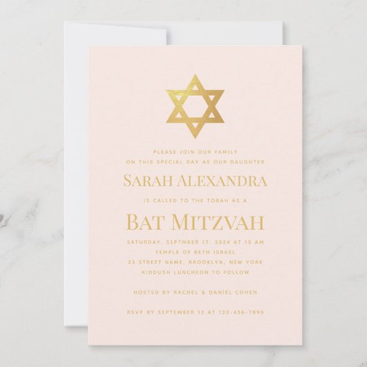 Bat Mitzvah Pink & Faux Gold Star of David Simple  Kaart (Voorkant)