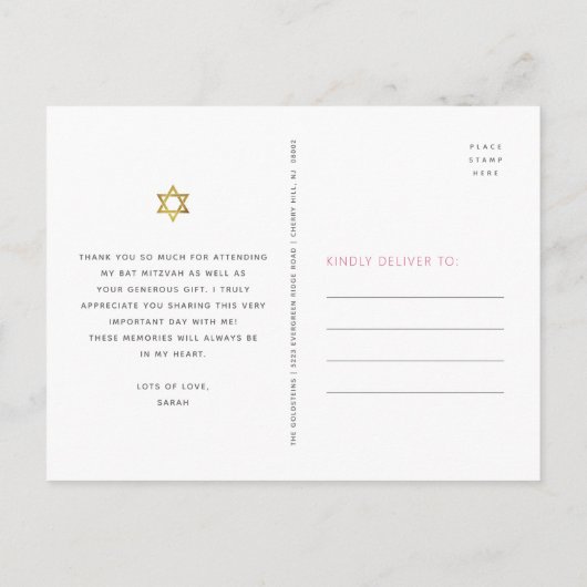 Bat Mitzvah Pink Floral Gold Script Bedankt Briefkaart (Achterkant)