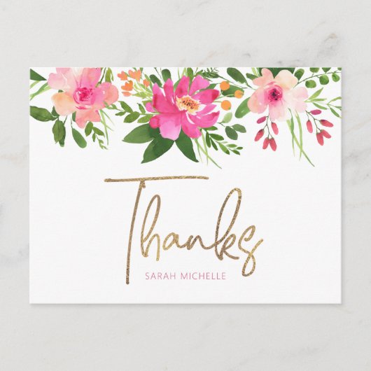 Bat Mitzvah Pink Floral Gold Script Bedankt Briefkaart (Voorkant)