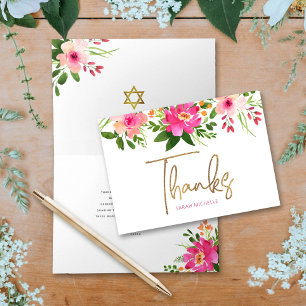 Bat Mitzvah Pink Floral Waterverf Gold Script Bedankkaart