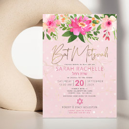 Bat Mitzvah Pink Floral Waterverf Gold Script Kaart