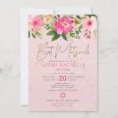 Bat Mitzvah Pink Floral Waterverf Gold Script Kaart (Voorkant)
