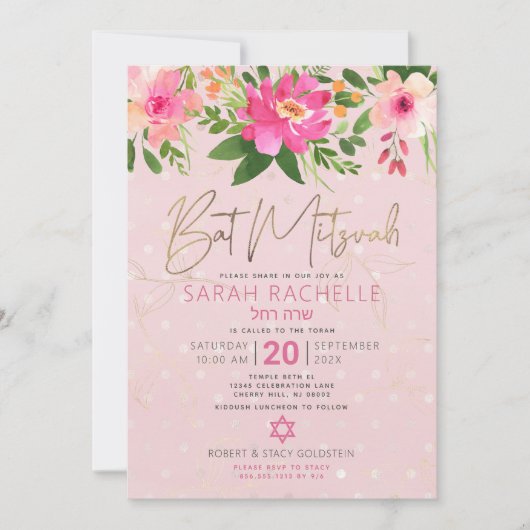 Bat Mitzvah Pink Floral Waterverf Gold Script Kaart (Voorkant)