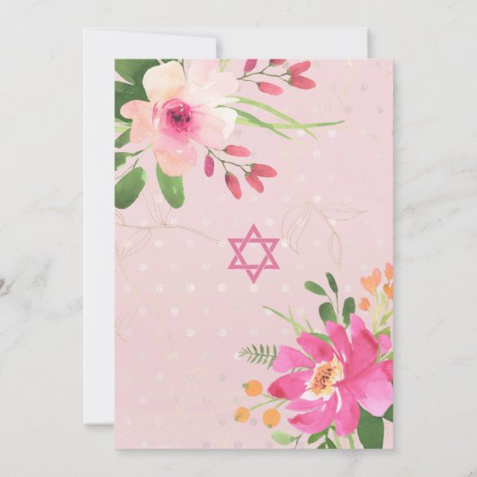 Bat Mitzvah Pink Floral Waterverf Gold Script Kaart (Achterkant)