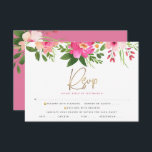 Bat Mitzvah Pink Floral Waterverf Gold Script RSVP Kaartje<br><div class="desc">Wees trots, verheug je en vier deze mijlpaal van je favoriete Bat Mitzvah met deze verfijnde, gepersonaliseerde RSVP-insteekkaart voor je evenement! Een chique, prachtige, roze en perzik bloemige waterverf met faux gouden folie script typografie en modern stoffig roos en grijs sans serif type overlay een witte achtergrond. Extra waterverf bloemen...</div>