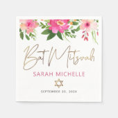Bat Mitzvah Pink Floral Waterverf Gold Script Servet (Voorkant)