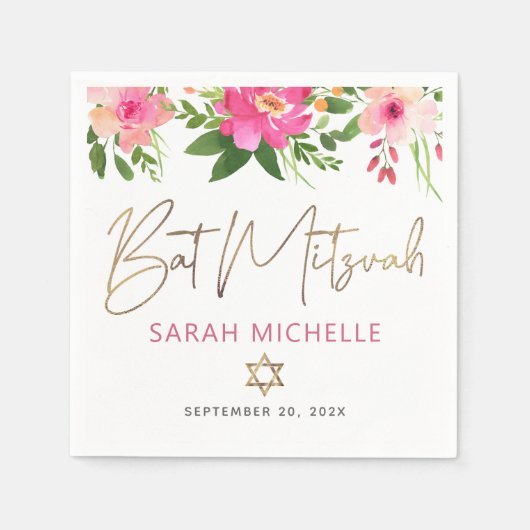 Bat Mitzvah Pink Floral Waterverf Gold Script Servet (Voorkant)