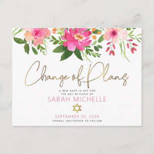 Bat Mitzvah Pink Floral Waterverf Gold Script Uitnodiging Briefkaart