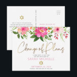 Bat Mitzvah Pink Floral Waterverf Gold Script Uitnodiging Briefkaart<br><div class="desc">Zorg ervoor dat al je vrienden en familieleden nog steeds de mijlpaal van je dochter Bat Mitzvah kunnen vieren, ongeacht de huidige onvoorziene omstandigheden wereldwijd. Stuur dit chique, gepersonaliseerde briefkaart van "Change of Plans". Een prachtige, roze en perzik bloemige waterverf met faux gouden folie script typografie en modern stoffig roos...</div>