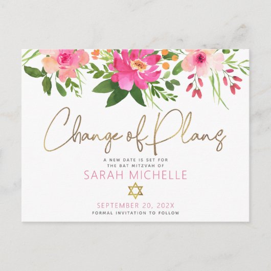 Bat Mitzvah Pink Floral Waterverf Gold Script Uitnodiging Briefkaart (Voorkant)