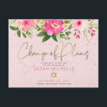 Bat Mitzvah Pink Floral Waterverf Modern script Uitnodiging Briefkaart<br><div class="desc">Zorg ervoor dat al je vrienden en familieleden nog steeds de mijlpaal van je dochter Bat Mitzvah kunnen vieren, ongeacht de huidige onvoorziene omstandigheden wereldwijd. Stuur dit chique, gepersonaliseerde briefkaart van "Change of Plans". Een prachtige, roze en perzik bloemige waterverf met faux gouden folie script typografie en modern stoffig roos...</div>