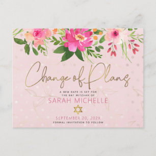 Bat Mitzvah Pink Floral Waterverf Modern script Uitnodiging Briefkaart
