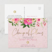 Bat Mitzvah Pink Floral Waterverf Modern script Uitnodiging Briefkaart (Voorkant / Achterkant)