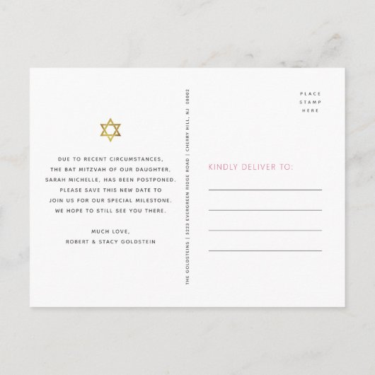 Bat Mitzvah Pink Floral Waterverf Modern script Uitnodiging Briefkaart (Achterkant)
