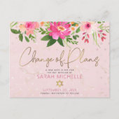 Bat Mitzvah Pink Floral Waterverf Modern script Uitnodiging Briefkaart (Voorkant)