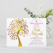 Bat Mitzvah Pink Gold Foil Script Tree of Life Kaart (Staand voorkant)