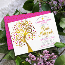 Bat Mitzvah Pink Gold Foil Script Tree of Life