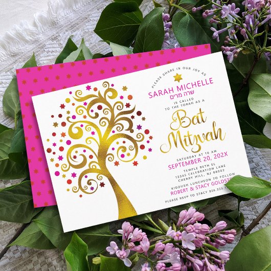 Bat Mitzvah Pink Gold Foil Script Tree of Life Kaart