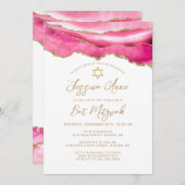 Bat Mitzvah Pink Gold Glitter Agate Invitation Kaart (Voorkant / Achterkant)