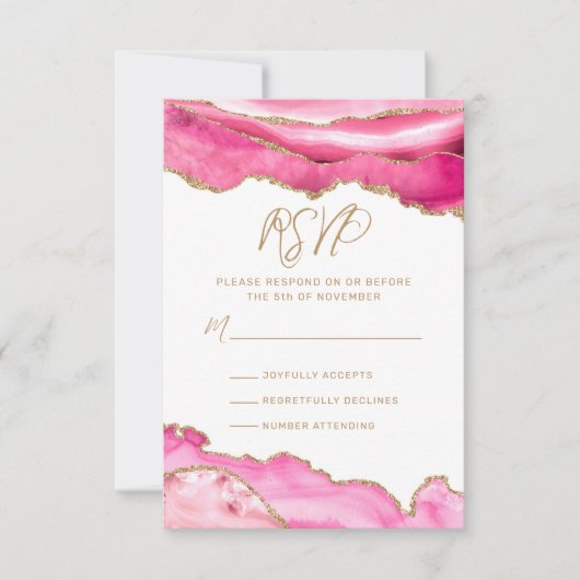 Bat Mitzvah Pink Gold Glitter Agate RSVP Kaartje (Voorkant)