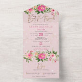 Bat Mitzvah Pink Gold Script Floral Waterverf All In One Uitnodiging (Binnen)