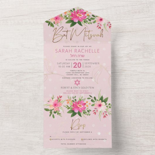 Bat Mitzvah Pink Gold Script Floral Waterverf All In One Uitnodiging (Binnen)