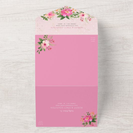 Bat Mitzvah Pink Gold Script Floral Waterverf All In One Uitnodiging (Buitenkant)