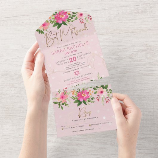 Bat Mitzvah Pink Gold Script Floral Waterverf All In One Uitnodiging (Afscheurbaar)