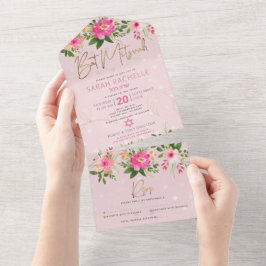 Bat Mitzvah Pink Gold Script Floral Waterverf All In One Uitnodiging
