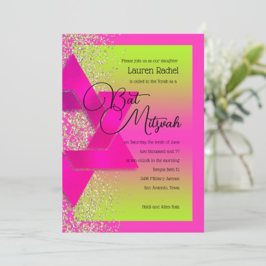 Bat Mitzvah Pink Green Ombre Gold Glitter Kaart (Staand voorkant)