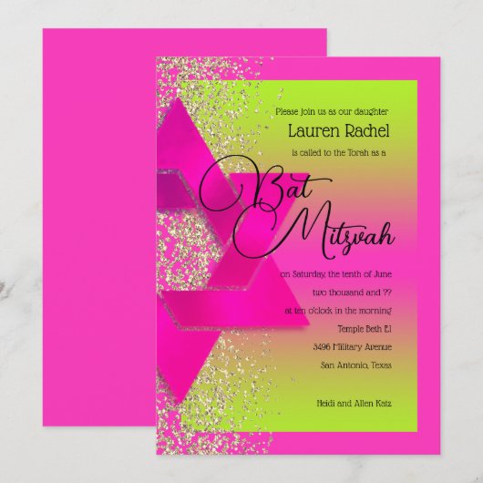 Bat Mitzvah Pink Green Ombre Gold Glitter Kaart (Voorkant / Achterkant)
