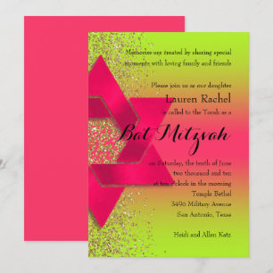 Bat Mitzvah Pink Green Ombre Gold Glitter Kaart