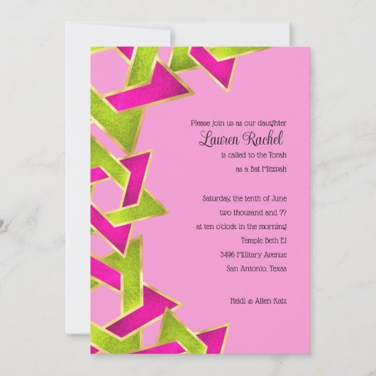 Bat Mitzvah Pink Green Star van David Invitat Kaart (Voorkant)