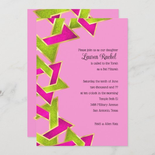 Bat Mitzvah Pink Green Star van David Invitat Kaart (Voorkant / Achterkant)