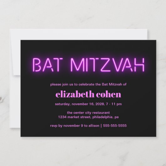 Bat Mitzvah Pink Neon Lights Kaart (Voorkant)