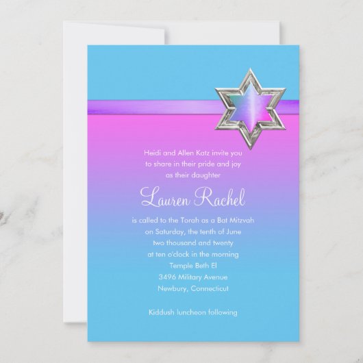 Bat Mitzvah Pink Ombre Ribbon en Star Kaart (Voorkant)