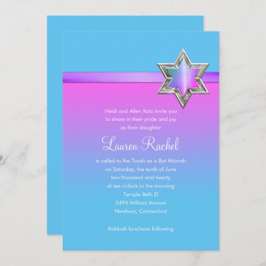 Bat Mitzvah Pink Ombre Ribbon en Star Kaart (Voorkant / Achterkant)