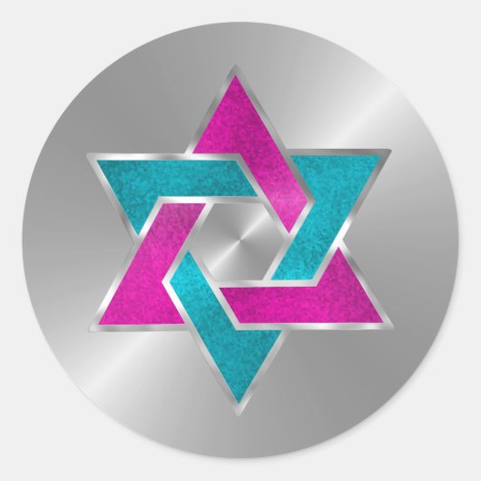 Bat Mitzvah Pink Turquoise Star van David Silver Ronde Sticker (Voorkant)