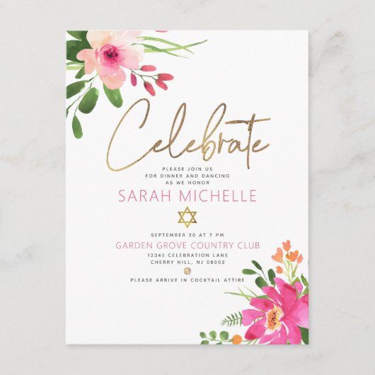 Bat Mitzvah Pink Waterverf Floral Gold Script Informatiekaartje (Voorkant)